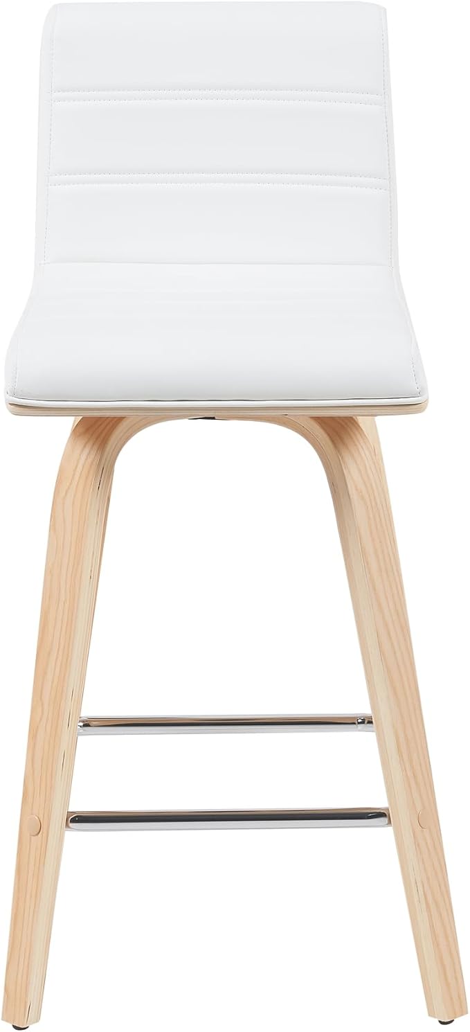 Vienna Modern Counter Height Swivel Bar Stool with White Faux Leather Seat and Patterned Oak Wood Frame Set of 4