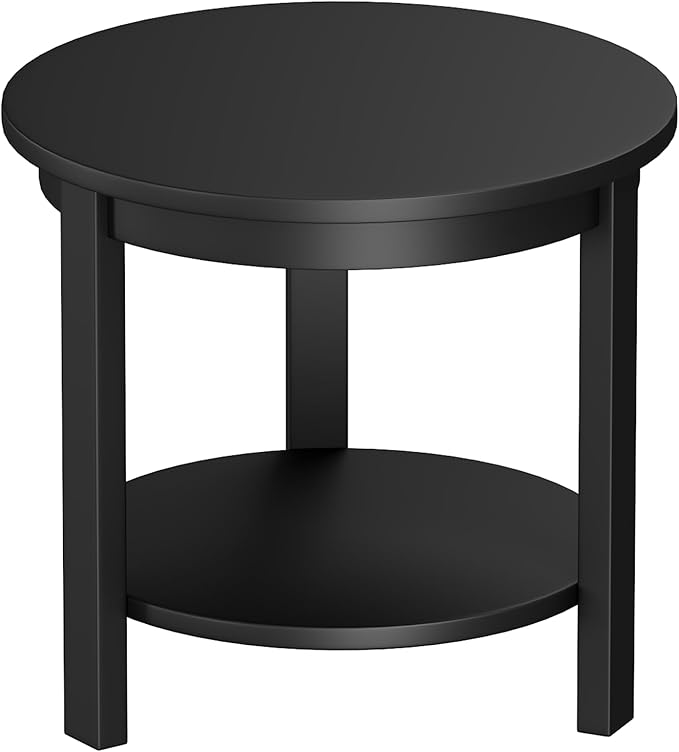 Small Round Wood Coffee Table with Storage Shelf, Living Room Side Table for Couch Sofa, 22 x 20 Inches, 3-Tier Mid Century Modern Wooden End Table for Bedroom, Black
