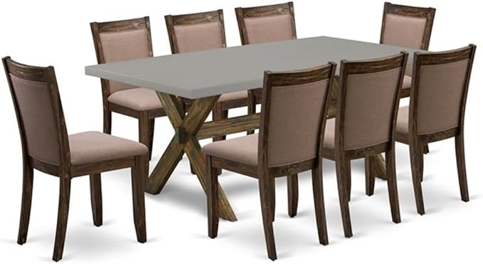 East West Furniture X797MZ748-9 9 Piece Dining Room Table Set Includes a Rectangle Kitchen Table with X-Legs and 8 Coffee Linen Fabric Parson Dining Chairs, 40x72 Inch, Multi-Color