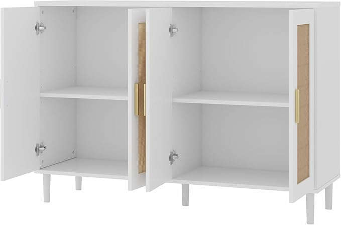 Sideboard - Buffet Cabinet with Storage, Rattan Storage Cabinet with 4 Doors and Adjustable Shelves, Accent Sideboard with Solid Wood Leg for Living Room (White)