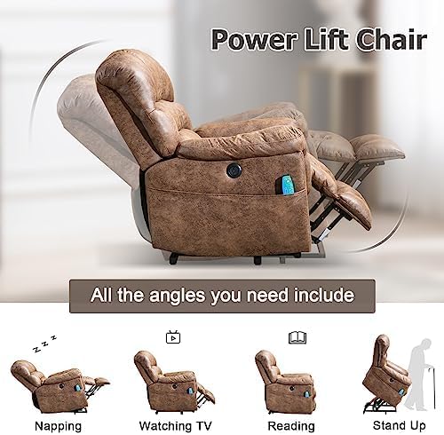 Phoenix Home Large Power Lift Recliner with Massage and Heat for Elderly, Heavy Duty & Safety Motor Reclining Chair, Faux Leather Electric Wider Recliner with USB Ports, 2 Side Pockets, Brown