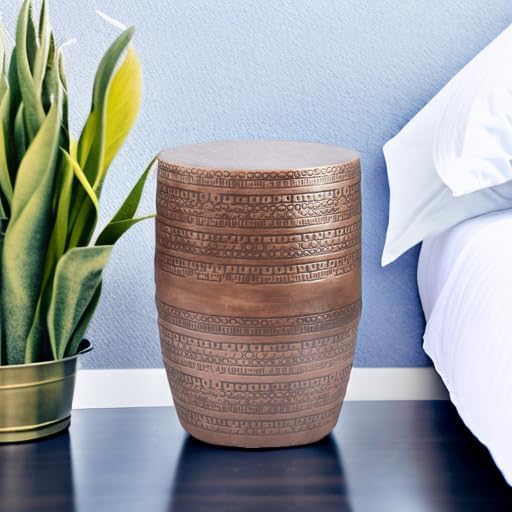 SIMPLIHOME Johnsen Metal Table - 15 inch Wide Solid Iron Drum Accent Table in Antique Copper with Tribal Pattern, Round Boho End Table for Living Room, Bedroom, or Home Office, Fully Assembled