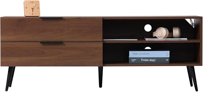 HollyHOME Wood TV Stand for TVs up to 65", Mid Century TV Stand with Storage, Modern Entertainment Center with 2 Drawers, Accent TV Media Console Table for Living Room, 53"(L), Retro Brown