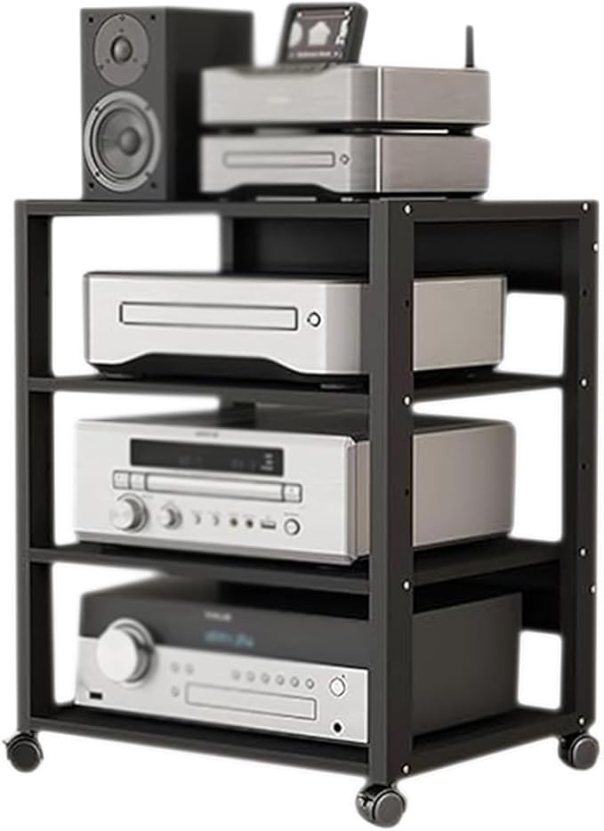 4 Tier Audio Rack Tower, CD Record Player Stereo Receiver AV Equipment Cabinet Display Rack, Weight Capacity 220 lbs, with Adjustable Wooden Shelves for Home (Black, 4tier)