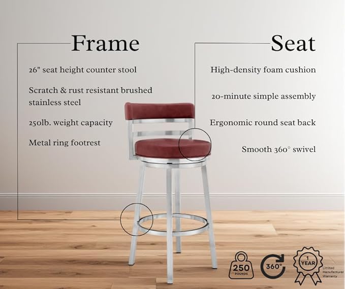 Armen Living Madrid 26" Seat Height Swivel Modern Red Faux Leather and Brushed Stainless Steel Bar Stool for Kitchen Island Counter
