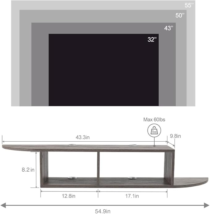 Floating TV Stand, Wall Mounted Entertainment Center and Cabinet Shelf, TV Console with Storage, Media Console for DVD Player, Space-Saving Under TV Shelf for Bedroom, Living Room (Grey)