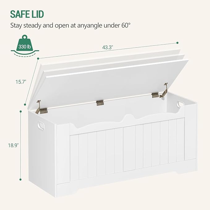 43.3" Storage Chest, Extra Large Storage Trunk with 2 Safety Hinges, Lift-Top Bench Box, Wooden Chest Organizer, Shoe Bench for Entryway, Bedroom, Living Room, White SB25503X