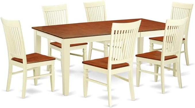 East West Furniture QUWE7-BMK-W 7 Piece Modern Dining Table Set Consist of a Rectangle Wooden Table with Butterfly Leaf and 6 Dining Room Chairs, 40x78 Inch, Buttermilk & Cherry