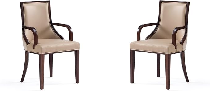 Manhattan Comfort Grand Faux Leather Dining Chairs with Arms, Padded Wingback Seat, Fine Rectangular Stitching and Solid Wood Frame, Set of 2, Tan