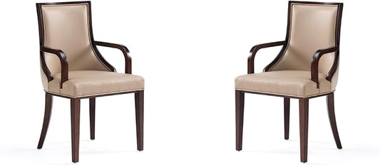Manhattan Comfort Grand Faux Leather Dining Chairs with Arms, Padded Wingback Seat, Fine Rectangular Stitching and Solid Wood Frame, Set of 2, Tan