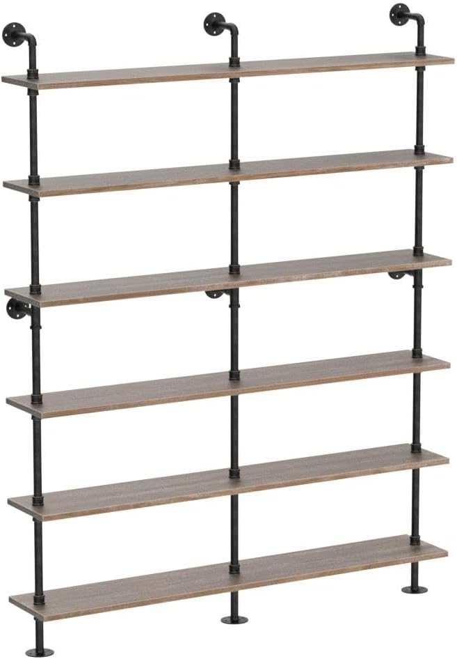 Industrial 6-Tiers Modern Ladder Shelf Bookcase,Solid Wood Storage Shelf,Display Shelving, Wall Mounted Wood Shelves, Pipe Wood Shelves Bookshelf Vintage Wrought Iron Finish (Gray)