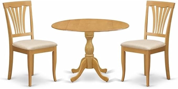 East West Furniture DMAV3-OAK-C 3 Piece Dining Room Table Set Contains a Round Dining Table with Dropleaf and 2 Linen Fabric Upholstered Chairs, 42x42 Inch, Oak