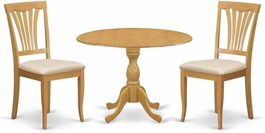 East West Furniture DMAV3-OAK-C 3 Piece Dining Room Table Set Contains a Round Dining Table with Dropleaf and 2 Linen Fabric Upholstered Chairs, 42x42 Inch, Oak