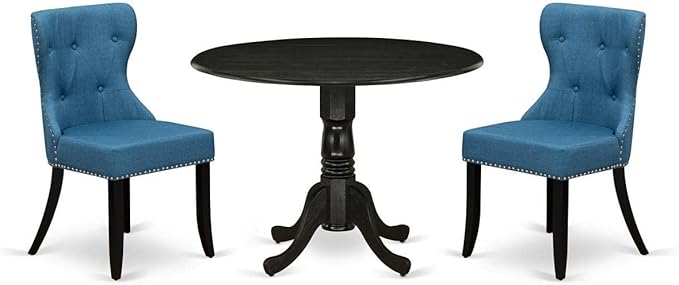 East West Furniture DLSI3-ABK-21 3 Piece Modern Dining Table Set Contains a Round Wooden Table with Dropleaf and 2 Blue Linen Fabric Upholstered Parson Chairs, 42x42 Inch, Wirebrushed Black