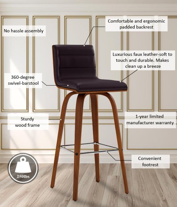 Vienna 30" Swivel Bar Stool in Walnut Wood Finish with Brown Faux Leather - Set of 3
