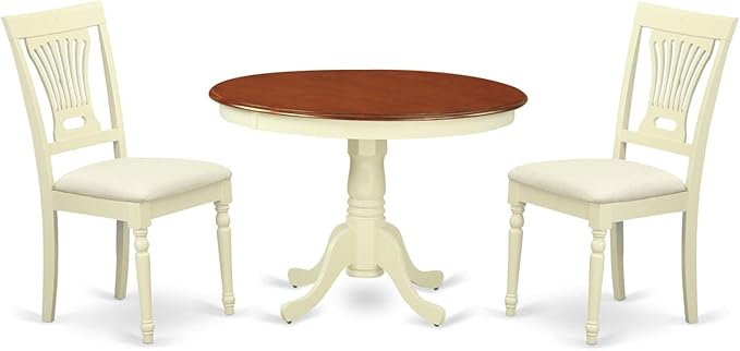East West Furniture HLPL3-BMK-C 3 Piece Dining Room Furniture Set Contains a Round Kitchen Table with Pedestal and 2 Linen Fabric Upholstered Dining Chairs, 42x42 Inch, Buttermilk & Cherry