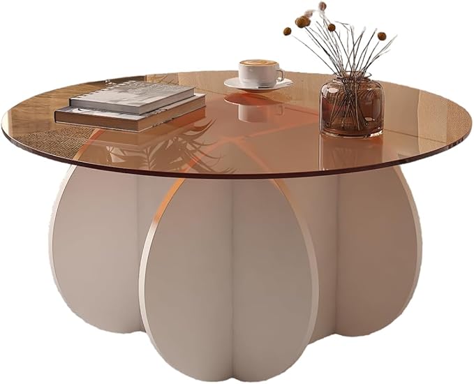 Mid Century Modern Round Glass Coffee Table for Living Room, Small Coffee Tables for Center Suitable for Bedroom Living Room Reception Office Tables (White/Brown)