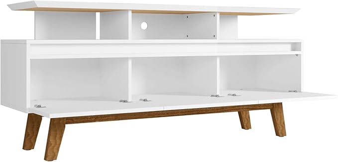 Manhattan Comfort Yonkers 63 Inch Mid Century Modern TV Stand with Storage, 3 Flip Down Door, Hole for Wire Management, Fits Up to 60" Television, Durable & Versatile Console Table, White