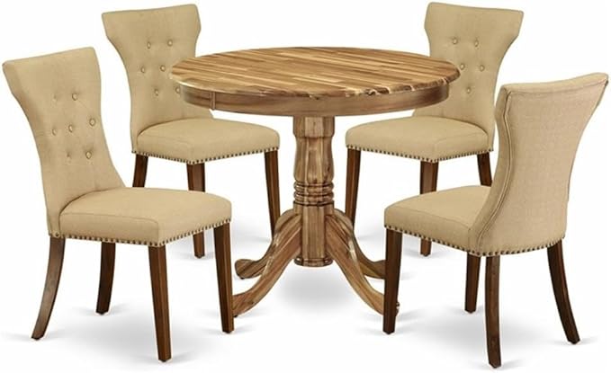 East West Furniture ANGA5-ANA-03 5 Piece Dining Table Set for 4 Includes a Round Kitchen Table with Pedestal and 4 Brown Linen Fabric Upholstered Parson Chairs, 36x36 Inch, Natural