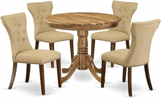 East West Furniture ANGA5-ANA-03 5 Piece Dining Table Set for 4 Includes a Round Kitchen Table with Pedestal and 4 Brown Linen Fabric Upholstered Parson Chairs, 36x36 Inch, Natural