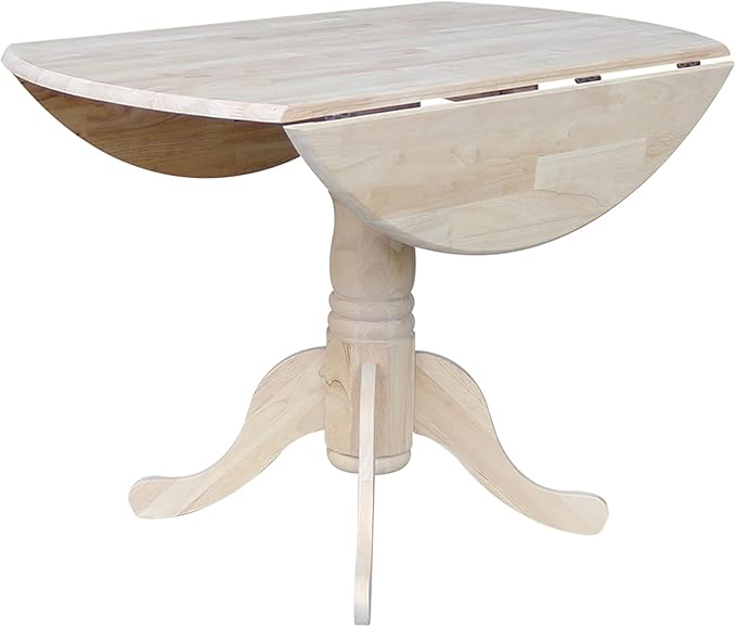 IC International Concepts, Round Dual Drop Leaf Pedestal Dining Table, Solid Real Wood, Sturdy Parawood, Dimensions 42"D x 42"W x 29.5"H, 40lbs Capacity, Paint/Stain Ready, Unfinished