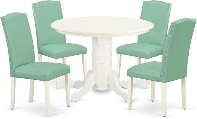 East West Furniture SHEN5-LWH-57 5 Piece Dining Set Includes a Round Dining Room Table with Pedestal and 4 Pond Faux Leather Upholstered Parson Chairs, 42x42 Inch, Linen White
