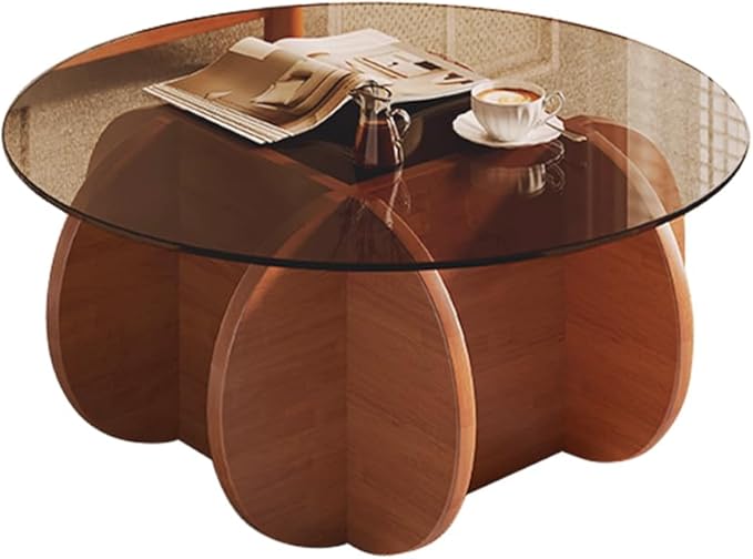 Modern Round Glass Coffee Table - Mid Century Small Coffee Table for Living Room, Suitable for Bedroom Living Room Reception Offices Couch Tables(Walnut/Brown)