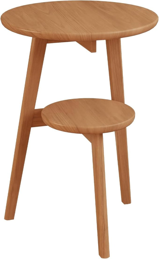 Small End Table Round End Table,Solid Wood Round Side Table with Lower Shelf，Nightstand for Small Spaces,Living Room,Bedroom(Cherry Color)