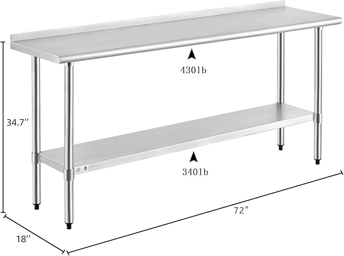 ROCKPOINT Stainless Steel Table for Prep & Work with Backsplash 18x72 Inches, NSF Metal Commercial Kitchen Heavy Duty Table with Adjustable Under Shelf and Table Foot for Restaurant, Home and Hotel