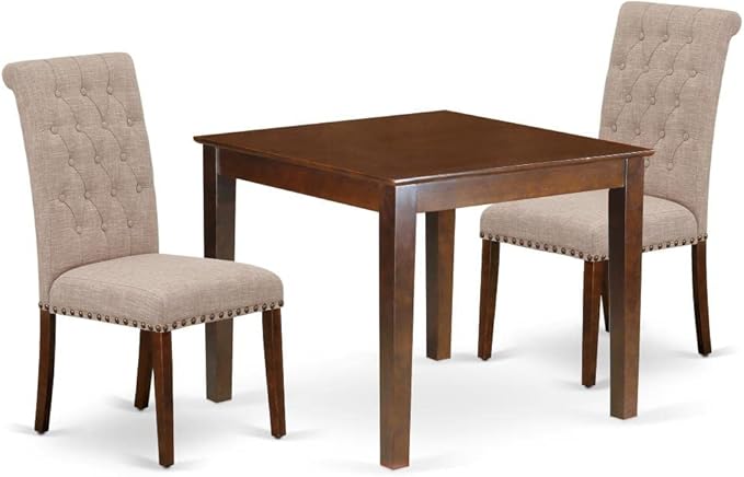 East West Furniture OXBR3-MAH-04 3 Piece Dining Room Furniture Set Contains a Square Dining Table and 2 Light Tan Linen Fabric Upholstered Chairs, 36x36 Inch, Mahogany