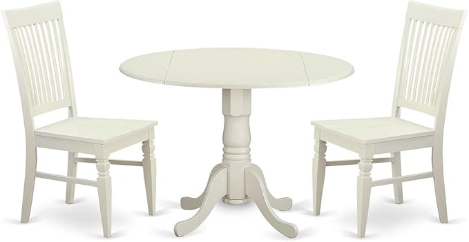 East West Furniture DLWE3-WHI-W 3 Piece Dinette Set for Small Spaces Contains a Round Dining Table with Dropleaf and 2 Dining Room Chairs, 42x42 Inch, Linen White