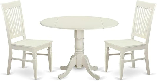 East West Furniture DLWE3-WHI-W 3 Piece Dinette Set for Small Spaces Contains a Round Dining Table with Dropleaf and 2 Dining Room Chairs, 42x42 Inch, Linen White