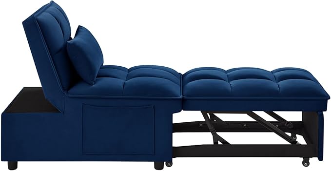 KEIKI Velvet Single Convertible Sleeper Chair Sofa Bed with Adjustable Backrest, Pillows & Storage Pockets, 3 in 1 Pull-Out Couch Chaise Lounge Recliner for Living Room Balcony Bedroom, Navy