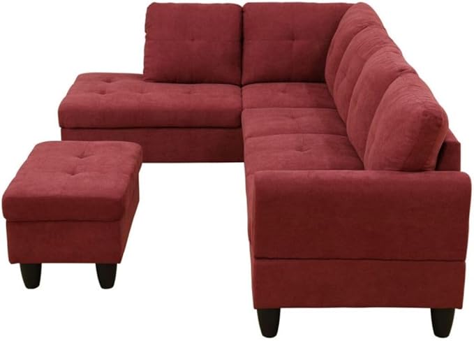 Red L-Shaped 3-Piece Flannel Sofa with Storage Ottoman Set, Sectional Couch Sofa Set for Living Room, Office, Small Space