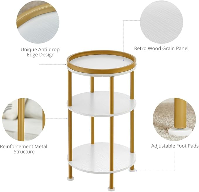Small Round End Table with Charging Station, 3-Tier Accent Couch Beside Table with USB Ports & Power Outlets, Sofa Side Table for Living Room Small Nightstand Bedroom (Classic, White+Gold)