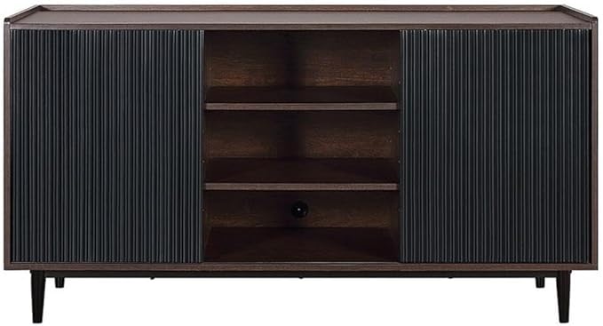 Manhattan Comfort Duane 59-Inch Ribbed Mid Century Modern Sideboard, Versatile Dining & Living Room Buffet Table with 3 Adjustable Center Shelves & 2 Side Cabinets, Set of 3, Black