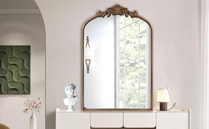 WAMIRRO Antique Mirror,Gold Traditional Vintage Ornate Baroque Arched Brass Mirrors Entryway/Fireplace/Living Room/Hallway/Bathroom 24"X36"