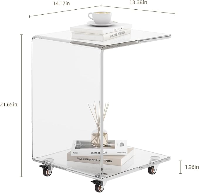 Modern Acrylic Side Table, C-Shaped Sofa Table Nightstand with Storage and Lockable Wheels for Living Room, Bedroom, Office, Bedside, Couch, 13.38" D x 14.17" W x 21.65" H