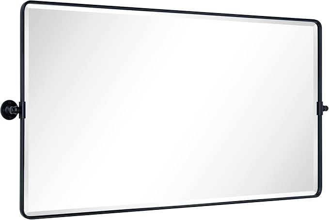 TEHOME 58 x 28'' Pivot Full Length Bathroom Vanity Mirror Matt Black Metal Framed Full Body Tilting Beveled Vanity Mirrors Wall Mounted Floor Pivoting Mirror for Bathroom, Living Room