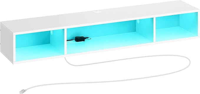 Rolanstar TV Stand with Power Outlet, Floating TV Stand with RGB Lights, 55.1" Wall Mounted TV Shelf, White Media Console with Storage Shelf, Entertainment Under TV for Living Room, Bedroom