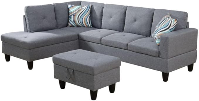 Grey L-Shaped 3-Piece Linen Sofa with Storage Ottoman Set, Sectional Couch Sofa Set for Living Room, Office, Small Space