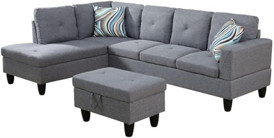 Grey L-Shaped 3-Piece Linen Sofa with Storage Ottoman Set, Sectional Couch Sofa Set for Living Room, Office, Small Space