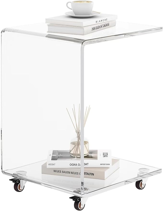 Modern Acrylic Side Table, C-Shaped Sofa Table Nightstand with Storage and Lockable Wheels for Living Room, Bedroom, Office, Bedside, Couch, 13.38" D x 14.17" W x 21.65" H