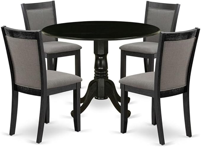 East West Furniture DLMZ5-AB6-50 5 Piece Dining Room Furniture Set Includes a Round Dining Table with Dropleaf and 4 Dark Gotham Grey Linen Fabric Parson Chairs, 42x42 Inch, Wirebrushed Black