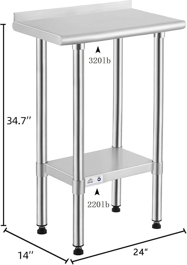 ROCKPOINT Stainless Steel Table for Prep & Work with Backsplash 14x24 Inches, NSF Metal Commercial Kitchen Heavy Duty Table with Adjustable Under Shelf and Table Foot for Restaurant, Home and Hotel