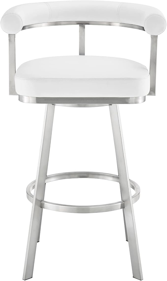 Armen Living Magnolia Swivel Counter Stool in Brushed Stainless Steel with White Faux Leather