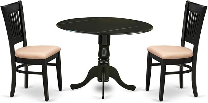 East West Furniture DLVA3-BLK-C 3 Piece Kitchen Table Set for Small Spaces Contains a Round Dining Room Table with Dropleaf and 2 Linen Fabric Upholstered Chairs, 42x42 Inch, Black