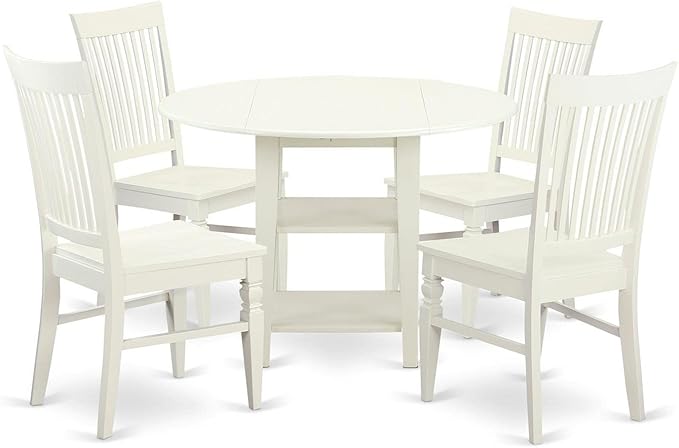 East West Furniture SUWE5-LWH-W 5 Piece Dining Set Includes a Round Dining Room Table with Dropleaf & Shelves and 4 Kitchen Chairs, 42x42 Inch, Linen White