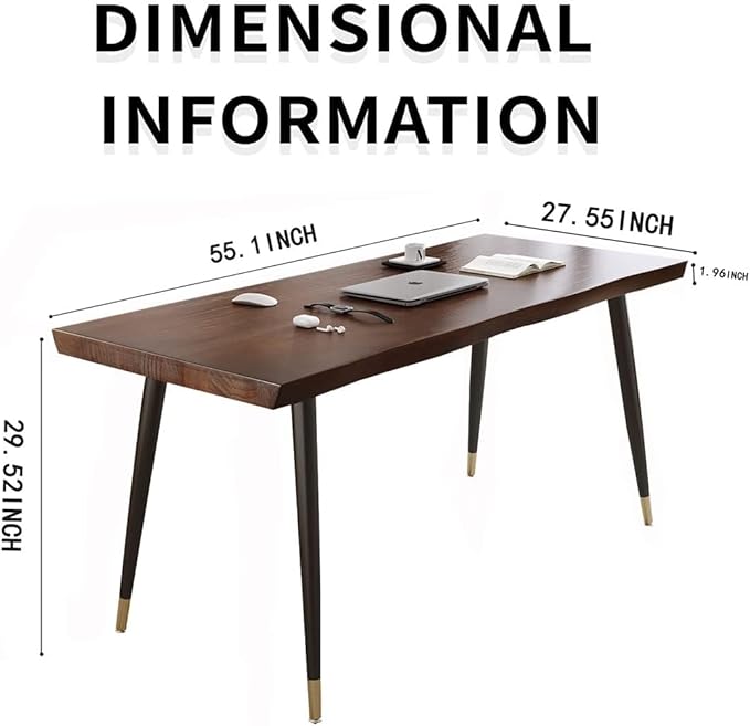 Modern Simple Style 55" Standing Desk Study Computer Desk - Black Metal Frame, Solid Wood Planks, for Home Office Bedroom