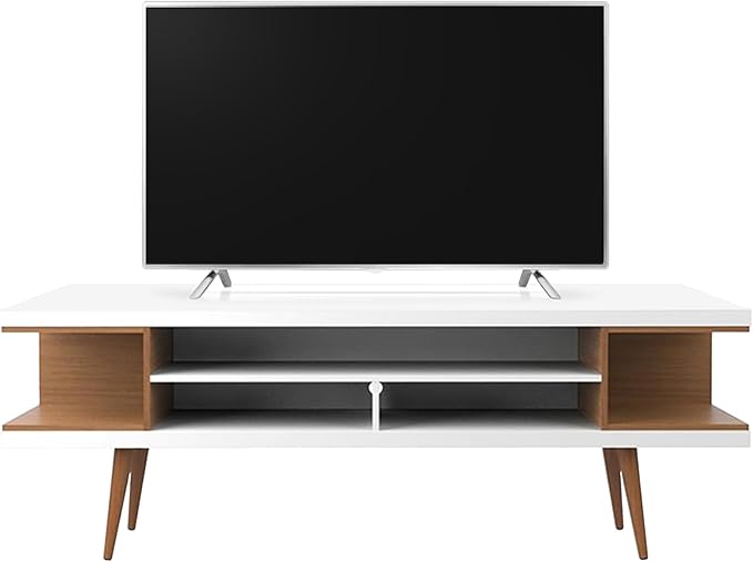 Manhattan Comfort Utopia Collection Mid Century Modern TV Stand With Open 3 Open Shelves and Two Open Cubbies, White/Wood (19752)